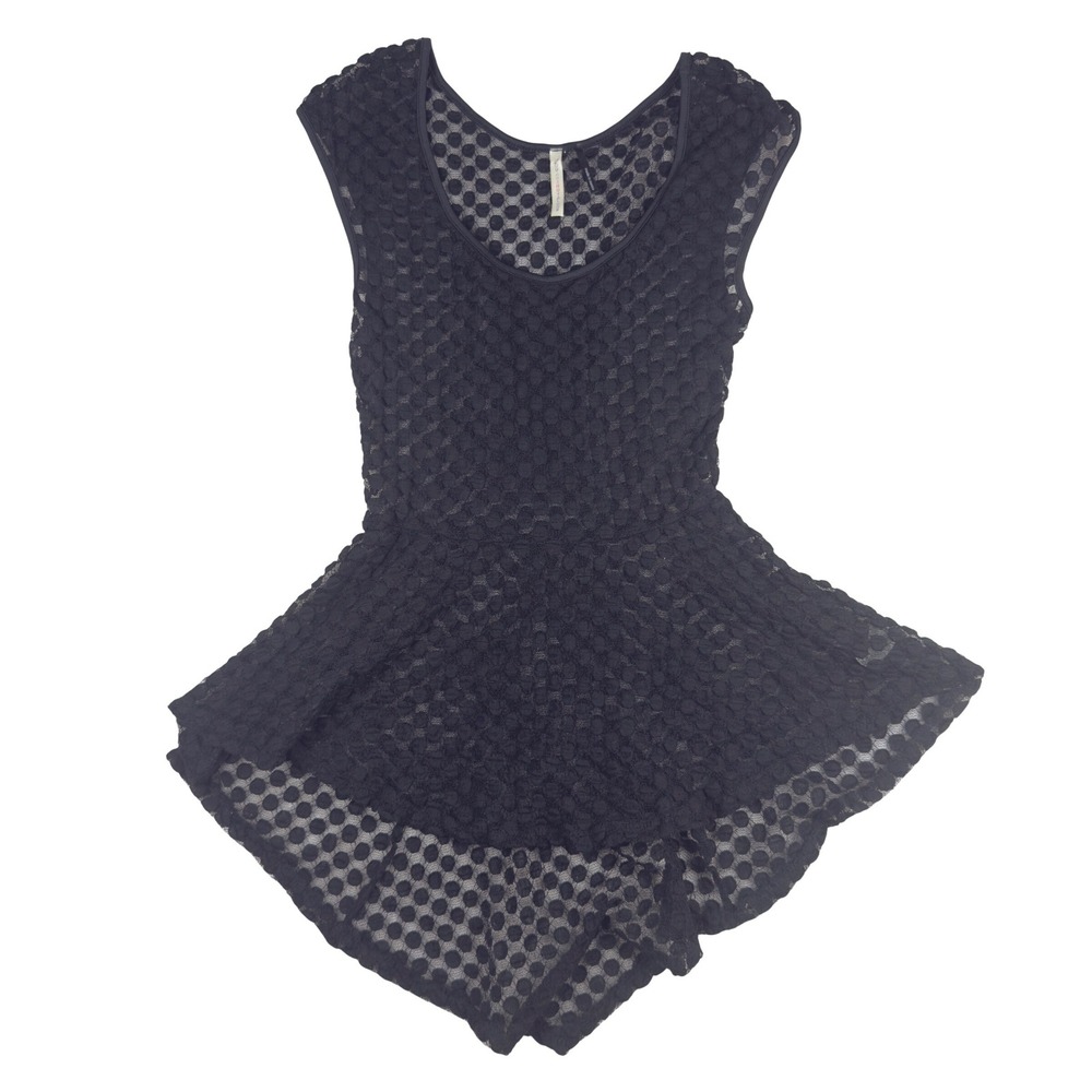 Sleeveless Polka Dot Mesh Peplum Black Textured Top Medium Whimsigoth Y2K‎